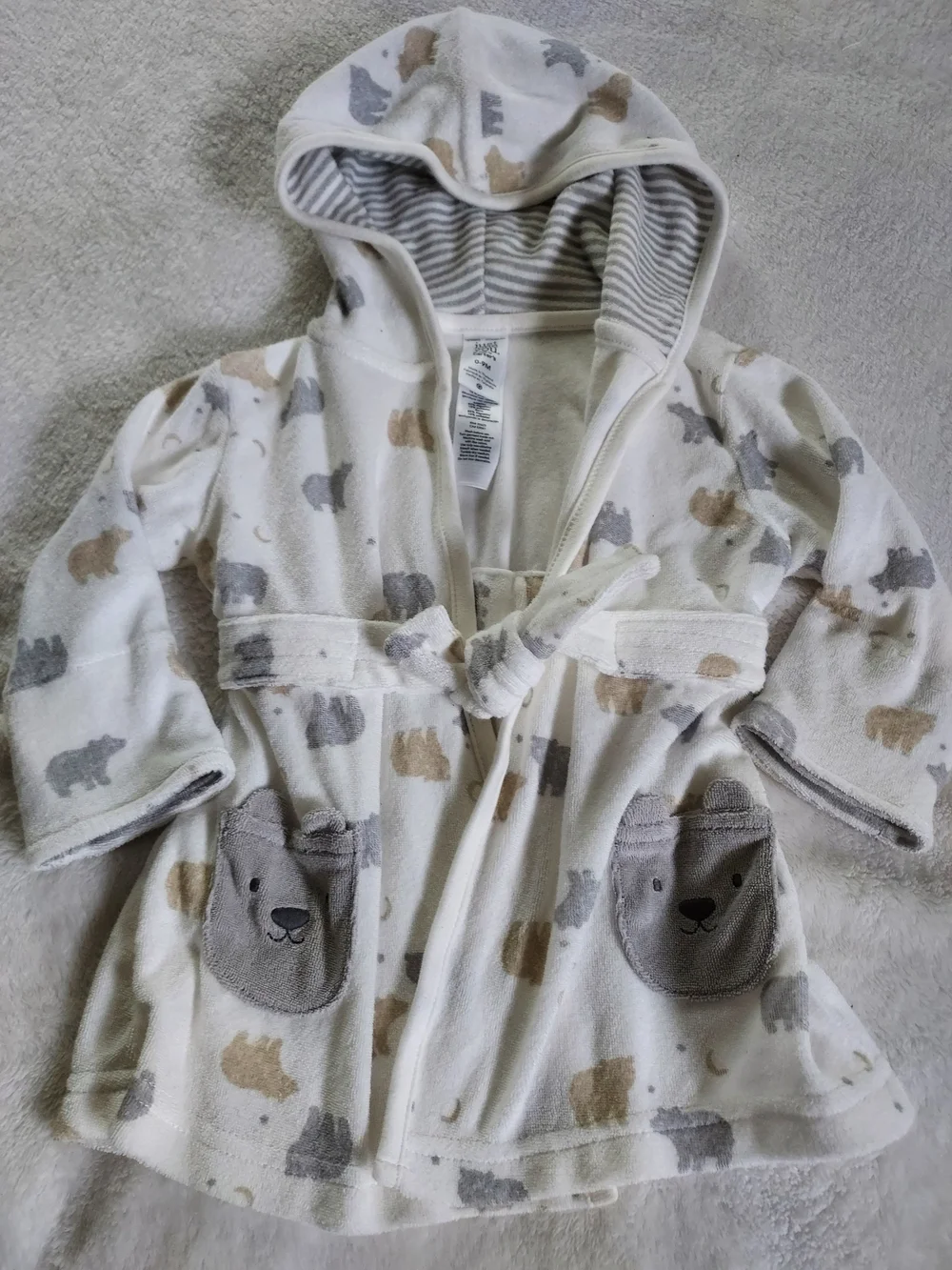 Carter's Cream Hooded Kids Robe with Gray & Tan Bear Print Bath Time Pool Summer